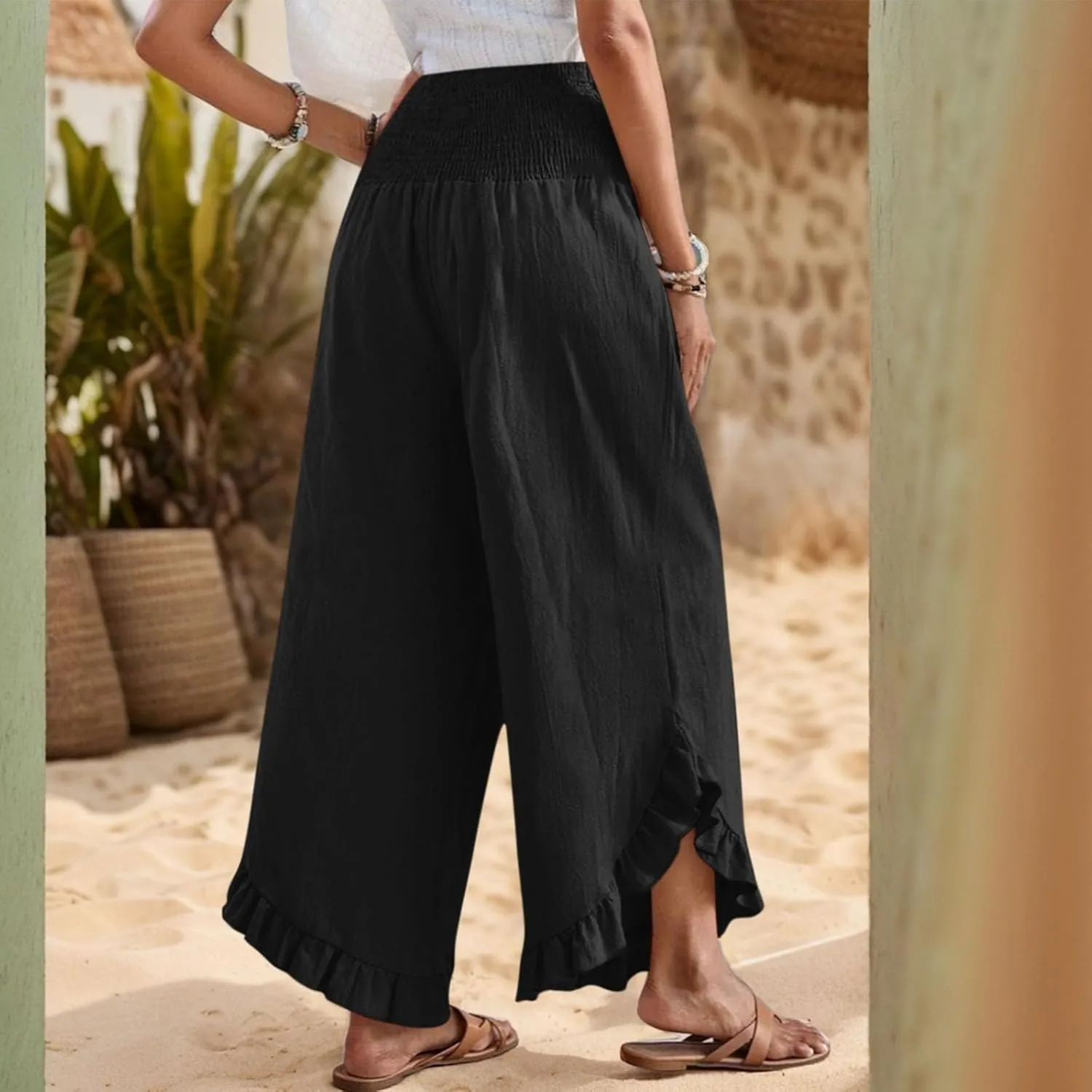Women's Palazzo Pants Casual Summer Smocked Waisted Linen Pants Trendy Ruffle Hem Wide Leg Trousers Loose Beach Pant