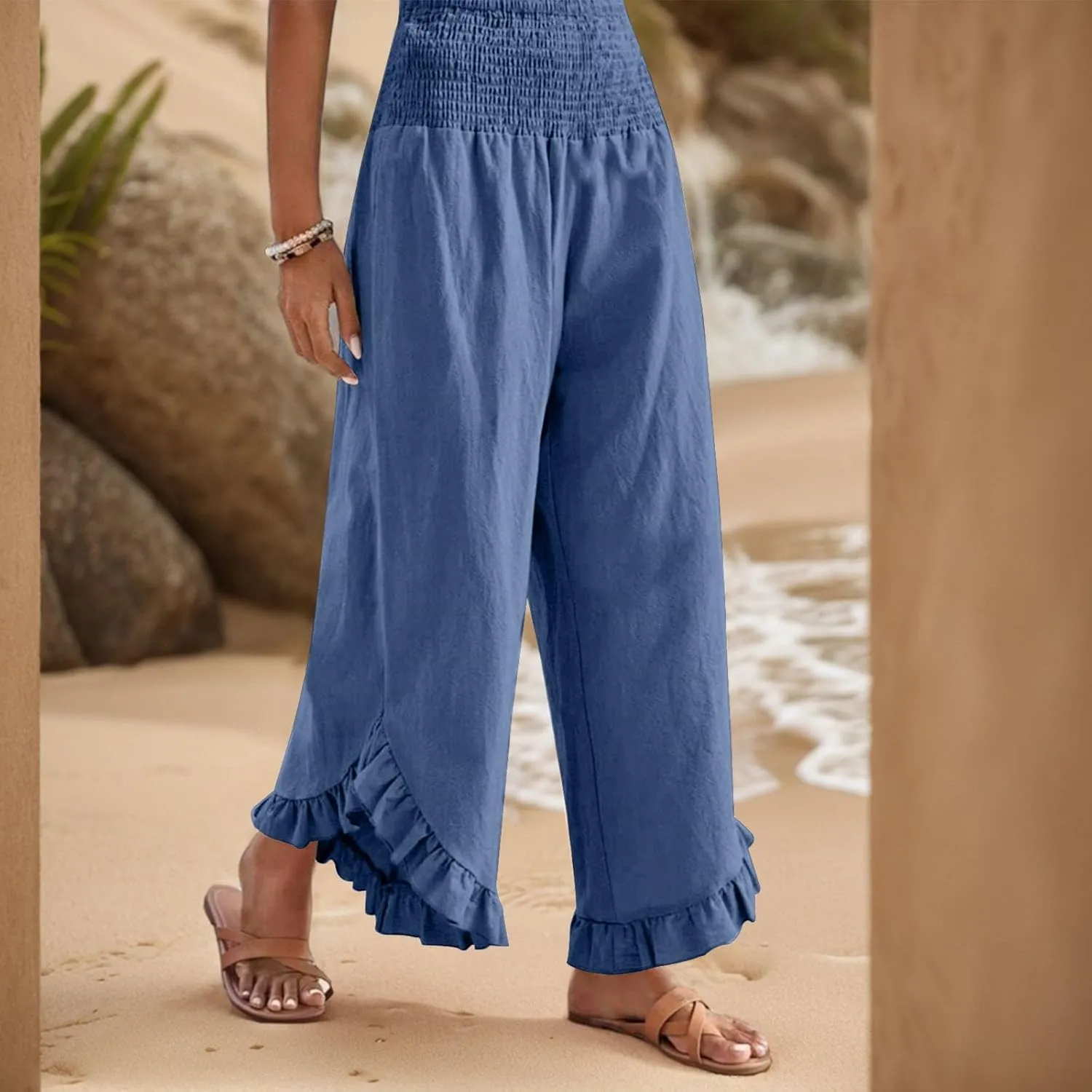 Womens Palazzo Pants Casual Summer Smocked Waisted Linen Pants Trendy Ruffle Hem Wide Leg Trousers Loose Beach Pant