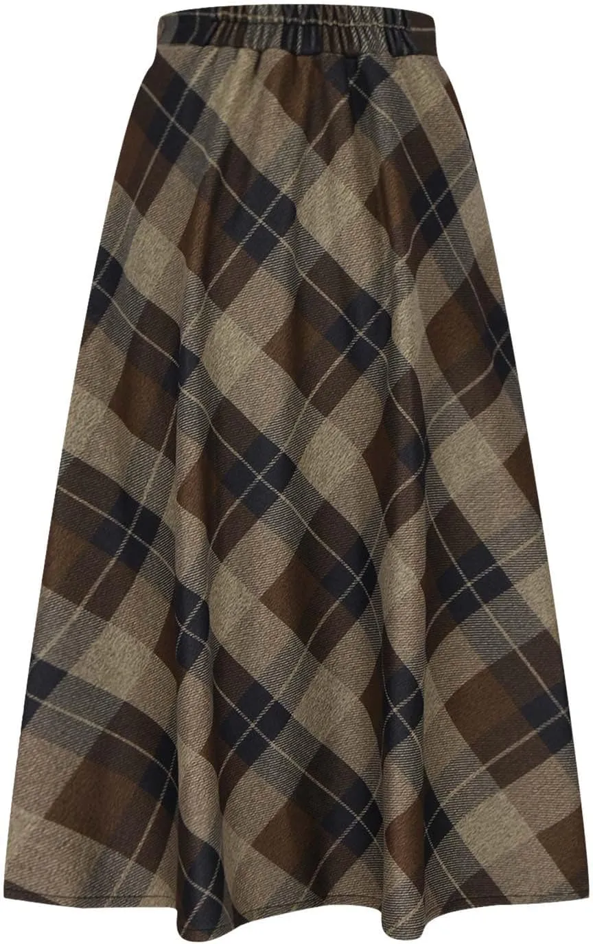Womens Plaid Wool Skirts Elastic Waist A-Line Pleated Tartan Long Skirts Winter Warm Flare Retro Woolen Maxi Skirts
