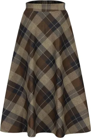 Womens Plaid Wool Skirts Elastic Waist A-Line Pleated Tartan Long Skirts Winter Warm Flare Retro Woolen Maxi Skirts