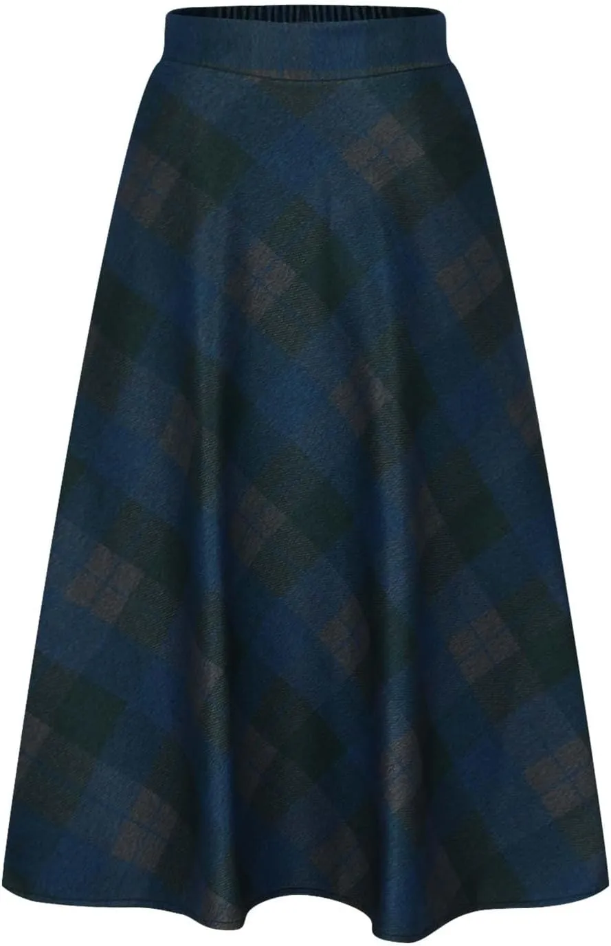 Womens Plaid Wool Skirts Elastic Waist A-Line Pleated Tartan Long Skirts Winter Warm Flare Retro Woolen Maxi Skirts