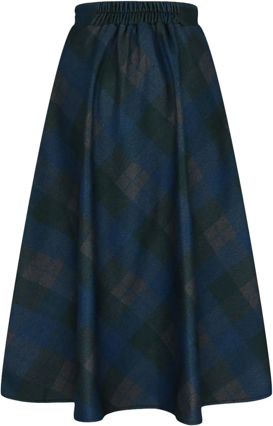 Womens Plaid Wool Skirts Elastic Waist A-Line Pleated Tartan Long Skirts Winter Warm Flare Retro Woolen Maxi Skirts