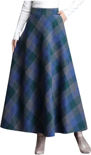 Womens Plaid Wool Skirts Elastic Waist A-Line Pleated Tartan Long Skirts Winter Warm Flare Retro Woolen Maxi Skirts