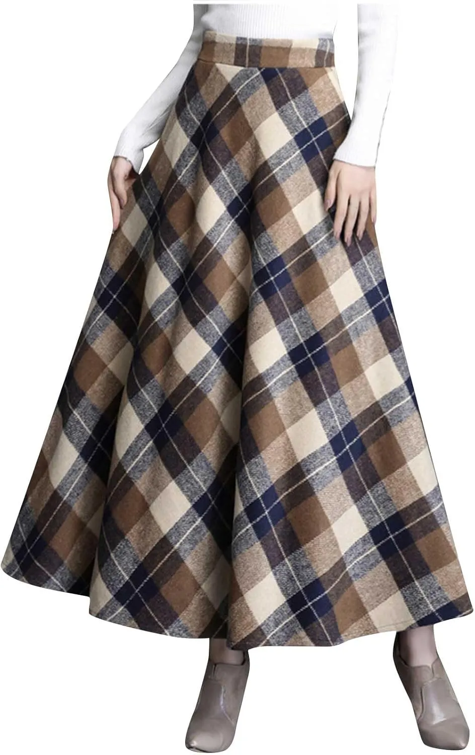 Womens Plaid Wool Skirts Elastic Waist A-Line Pleated Tartan Long Skirts Winter Warm Flare Retro Woolen Maxi Skirts