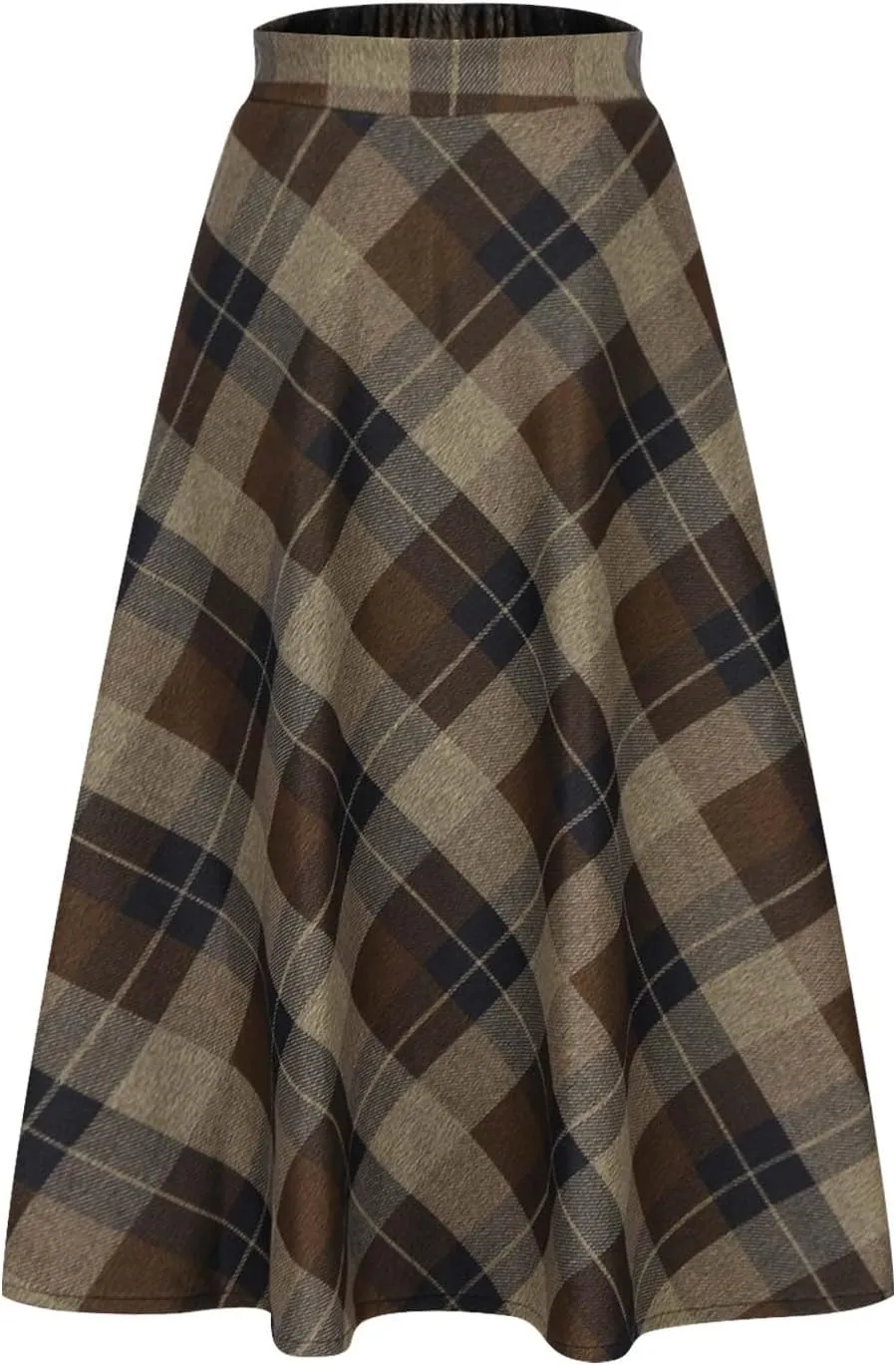 Womens Plaid Wool Skirts Elastic Waist A-Line Pleated Tartan Long Skirts Winter Warm Flare Retro Woolen Maxi Skirts