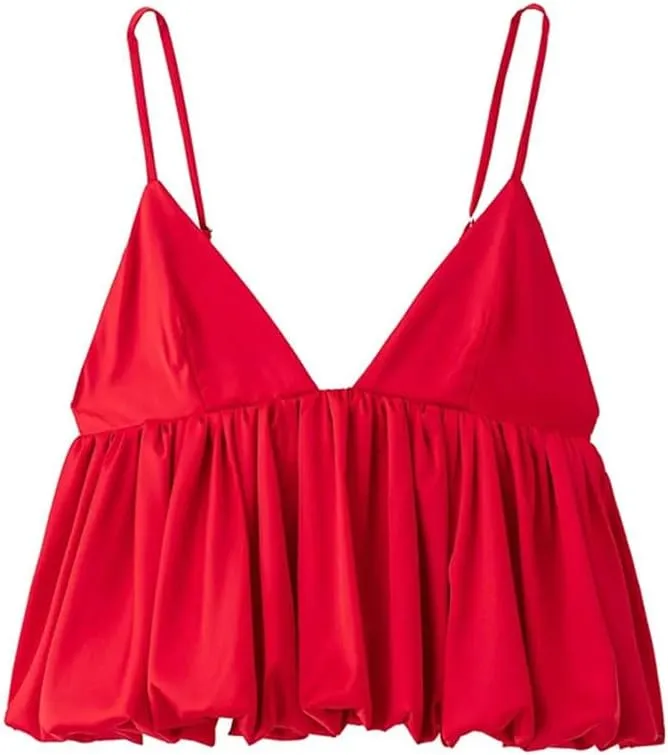 Women's Pleated Vintage Spaghetti Strap V-Neck A-Line Camisole