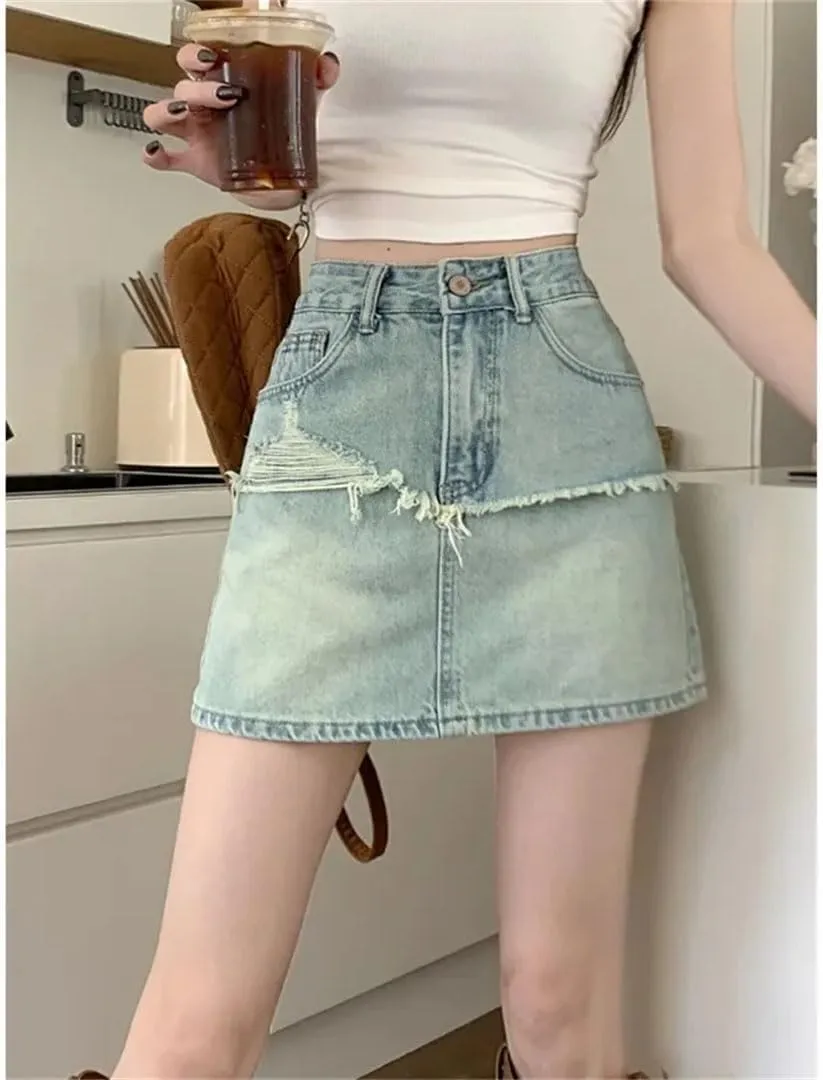 Women's Plus Size High-Waisted Slimming Mini Dress Solid Color Ring Denim Skirt