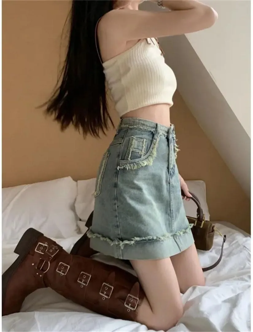 Women's Plus Size Vintage Denim Skirt High-Waisted Fringe Bodycon Mini Dress Clothing A- Line Mini Skirt