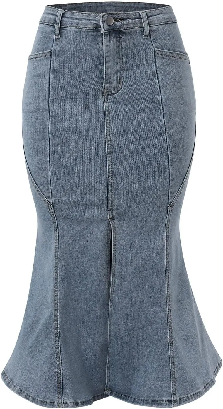 Women's Retro Exposure Button/Zipper-Fly Full Length A-Line Fishtail Maxi Long Washed Denim Jean Skirt Split Hem Skirts