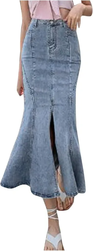 Women's Retro Exposure Button/Zipper-Fly Full Length A-Line Fishtail Maxi Long Washed Denim Jean Skirt Split Hem Skirts