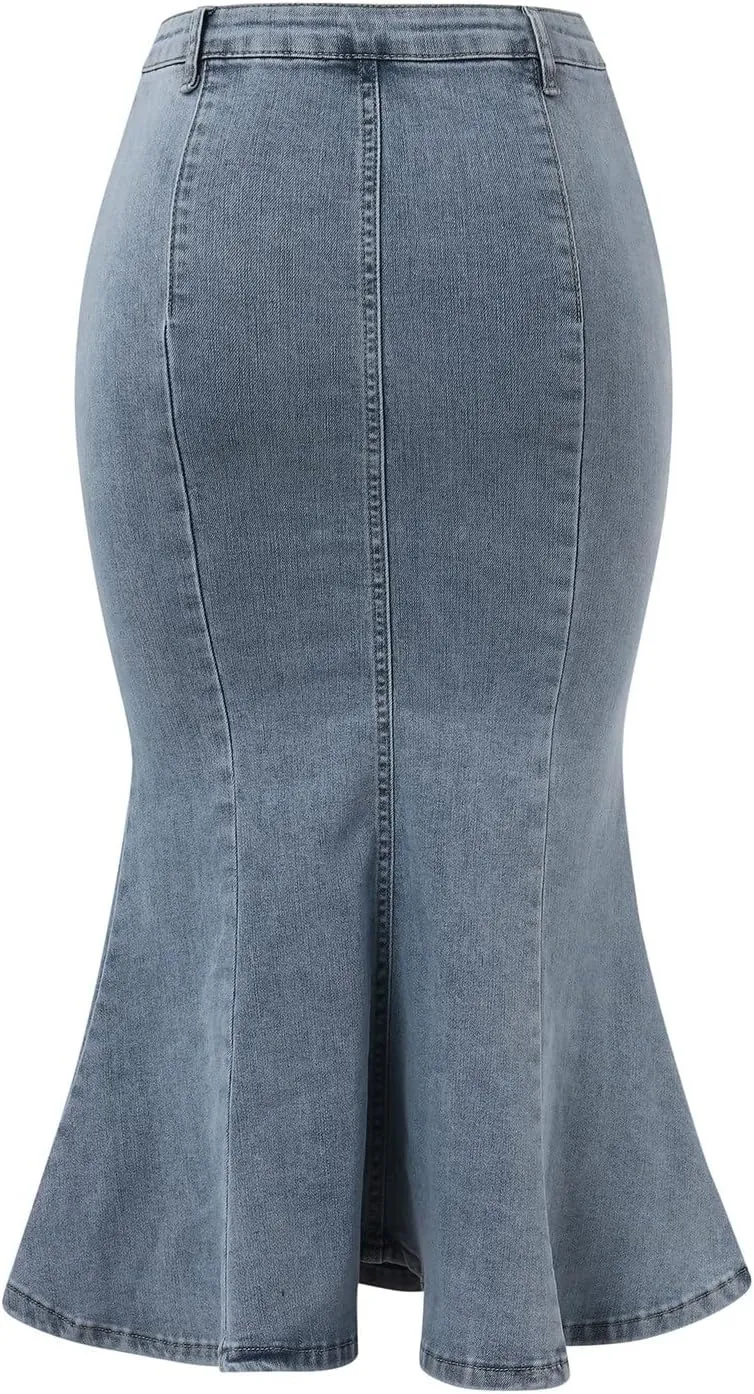 Women's Retro Exposure Button/Zipper-Fly Full Length A-Line Fishtail Maxi Long Washed Denim Jean Skirt Split Hem Skirts