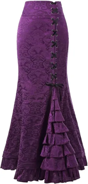 Women's Retro Lace-Up Drawstring Tiered Ruffle Maxi Long Mermaid Pencil Skirt Renaissance Skirt High Waisted Skirts