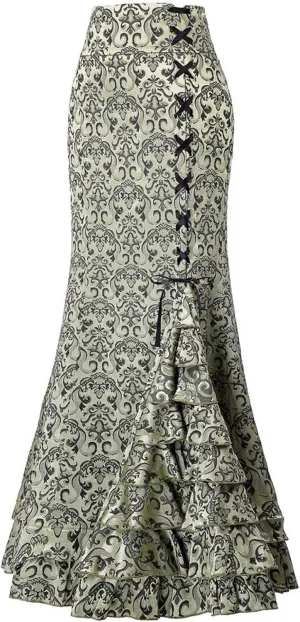 Women's Retro Lace-Up Drawstring Tiered Ruffle Maxi Long Mermaid Pencil Skirt Renaissance Skirt High Waisted Skirts