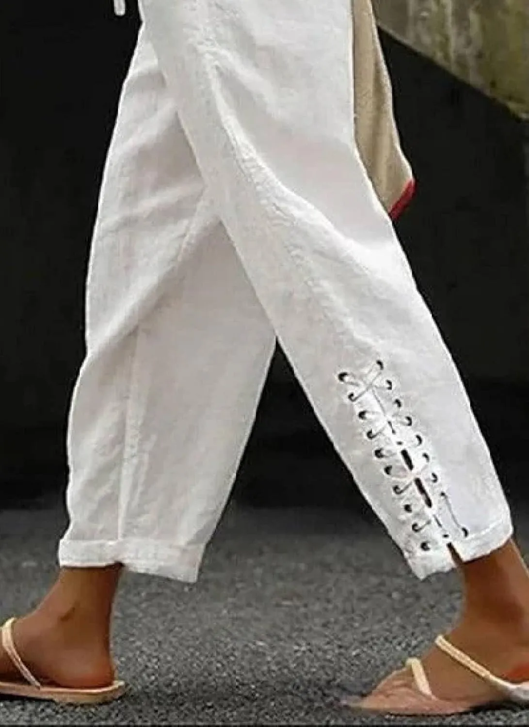 Women's Simple White Elastic Drawstring Waistband Pants Cross Tie Solid Pocket Loose Casual Travel Harem Pants
