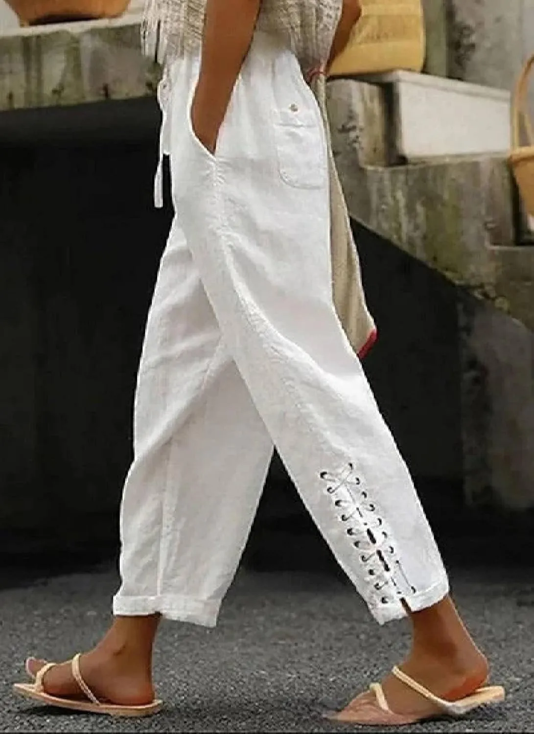 Women's Simple White Elastic Drawstring Waistband Pants Cross Tie Solid Pocket Loose Casual Travel Harem Pants
