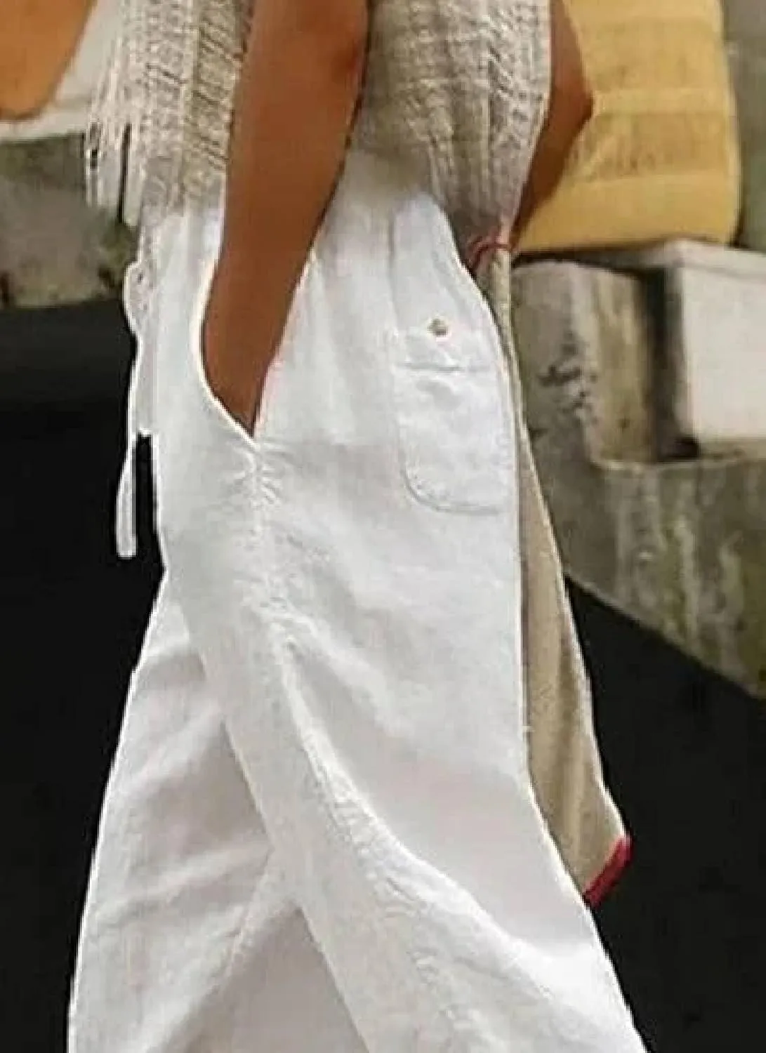 Women's Simple White Elastic Drawstring Waistband Pants Cross Tie Solid Pocket Loose Casual Travel Harem Pants