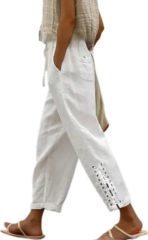 Women's Simple White Elastic Drawstring Waistband Pants Cross Tie Solid Pocket Loose Casual Travel Harem Pants