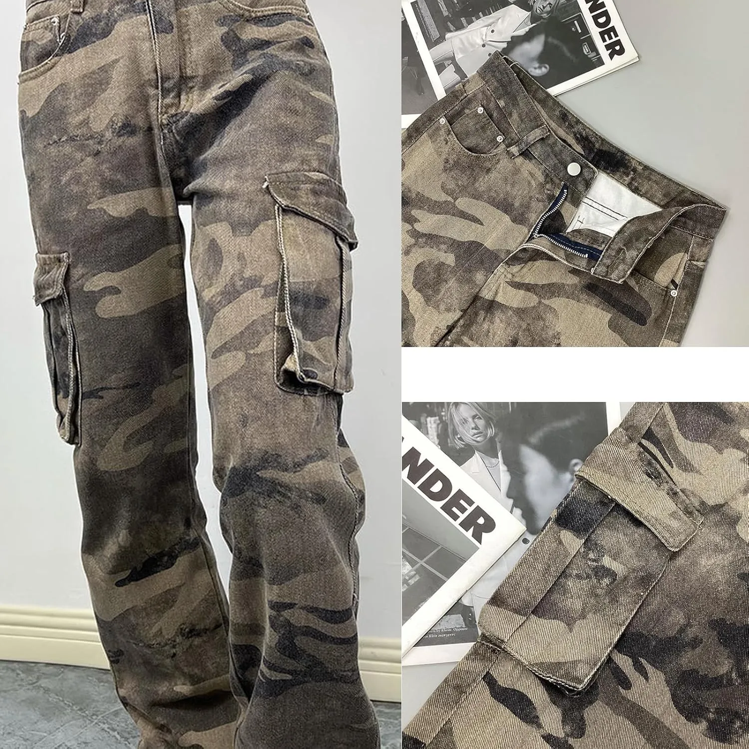 Women's Straight Wide Leg Cargo Jeans High Waisted Flap Pocket Relaxed Fit Baggy Jeans for Women Teen Girls