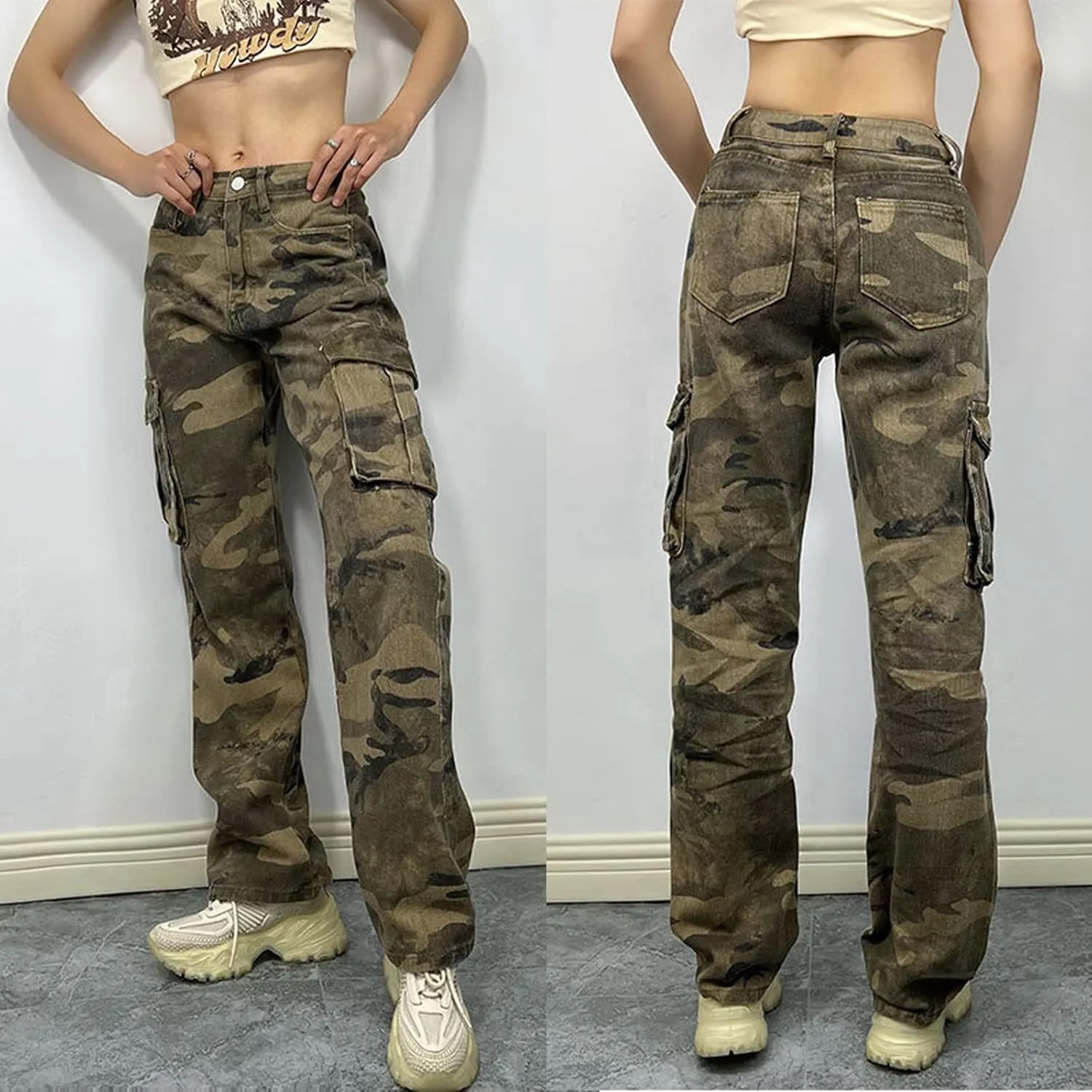 Women's Straight Wide Leg Cargo Jeans High Waisted Flap Pocket Relaxed Fit Baggy Jeans for Women Teen Girls