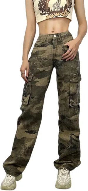 Women's Straight Wide Leg Cargo Jeans High Waisted Flap Pocket Relaxed Fit Baggy Jeans for Women Teen Girls