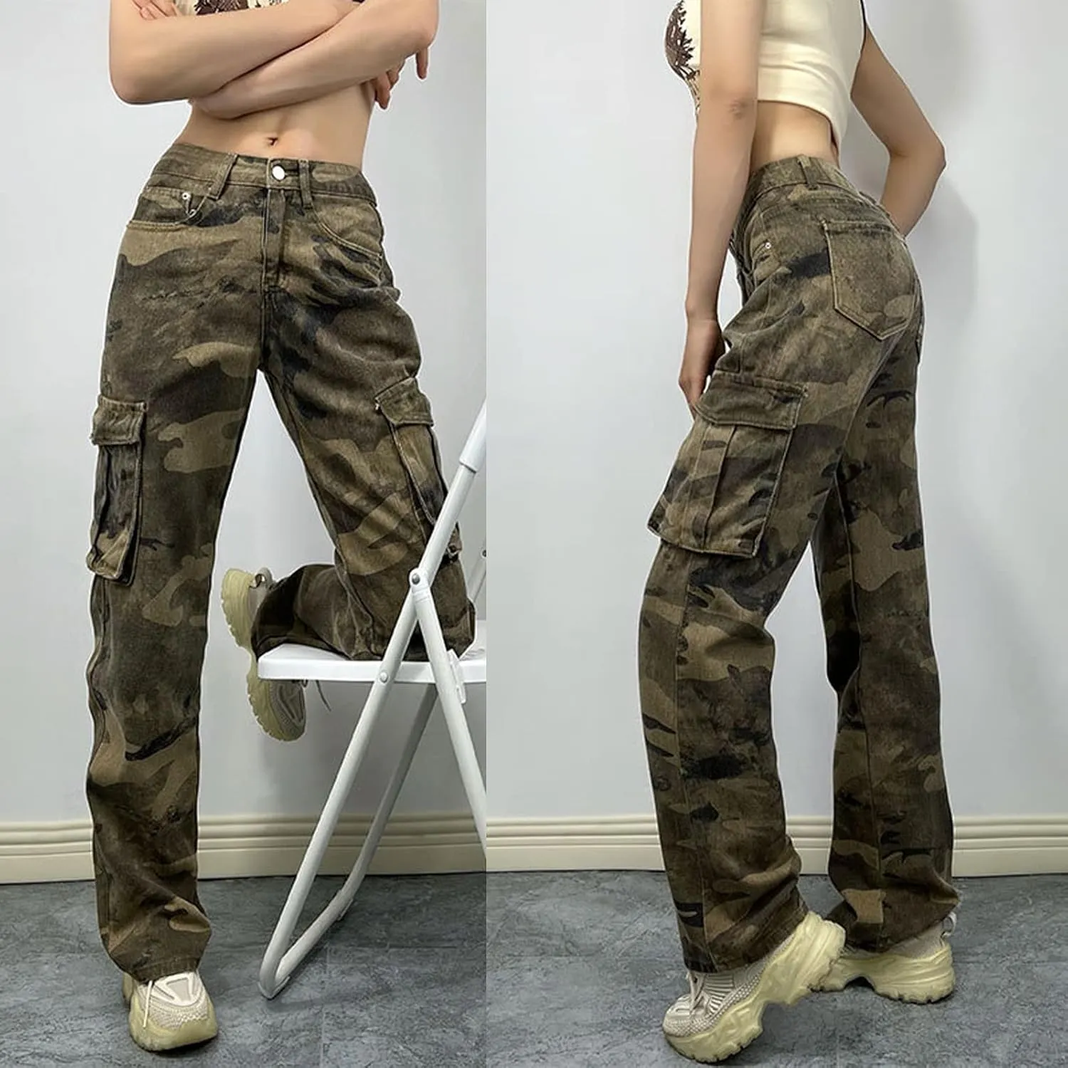 Women's Straight Wide Leg Cargo Jeans High Waisted Flap Pocket Relaxed Fit Baggy Jeans for Women Teen Girls