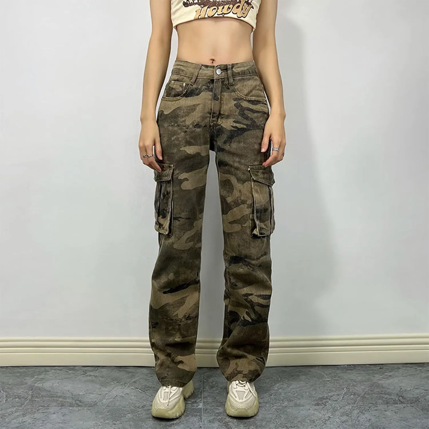 Women's Straight Wide Leg Cargo Jeans High Waisted Flap Pocket Relaxed Fit Baggy Jeans for Women Teen Girls
