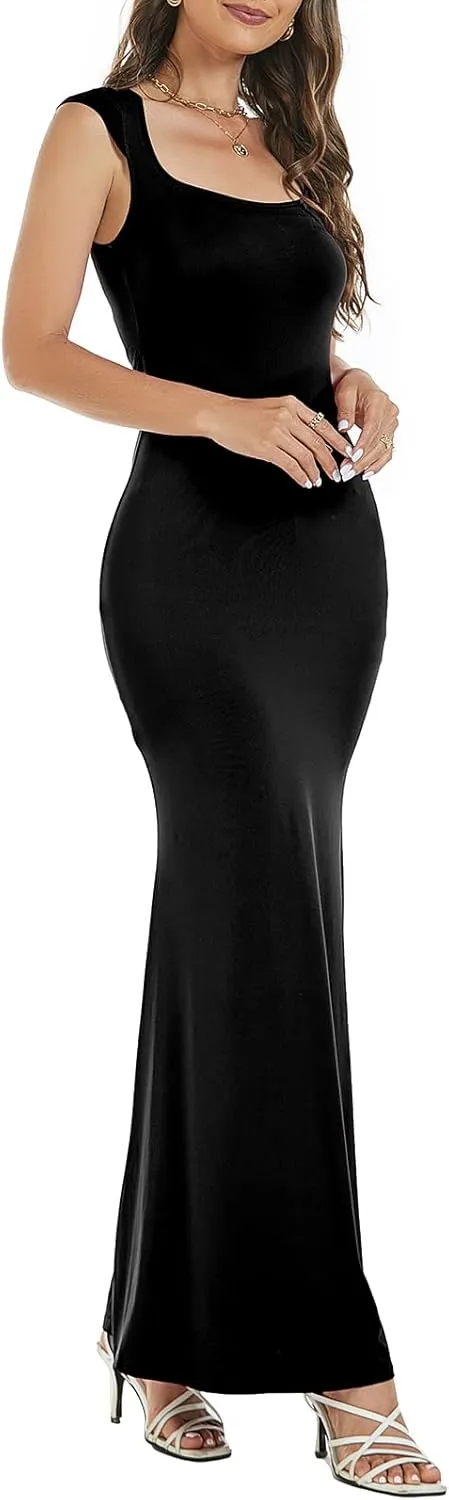 Womens Summer Cap Sleeve Square Neck Elegant Casual Lounge Bodycon Slim Maxi Evening Party Long Dress