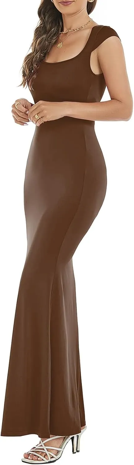 Womens Summer Cap Sleeve Square Neck Elegant Casual Lounge Bodycon Slim Maxi Evening Party Long Dress