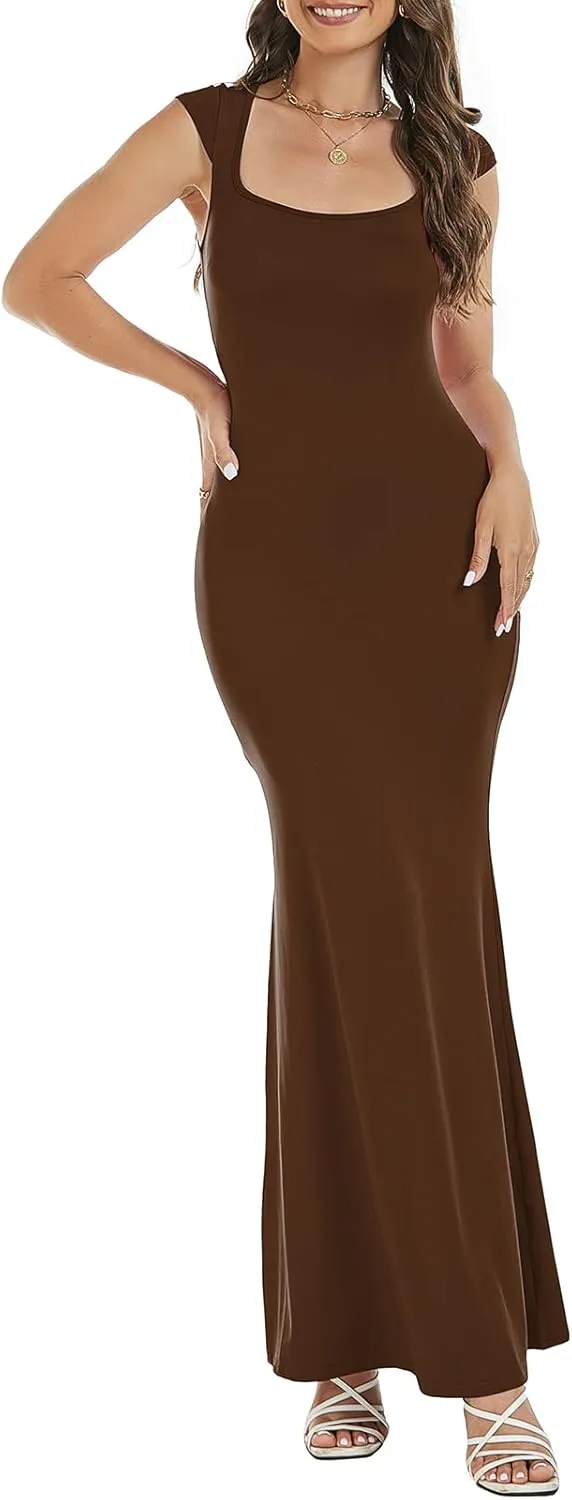 Womens Summer Cap Sleeve Square Neck Elegant Casual Lounge Bodycon Slim Maxi Evening Party Long Dress