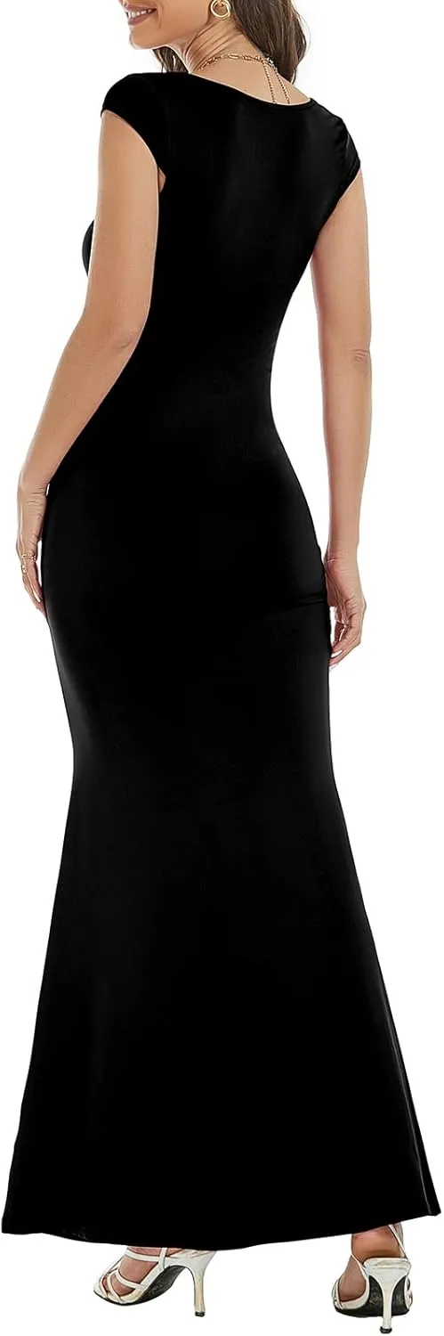 Womens Summer Cap Sleeve Square Neck Elegant Casual Lounge Bodycon Slim Maxi Evening Party Long Dress