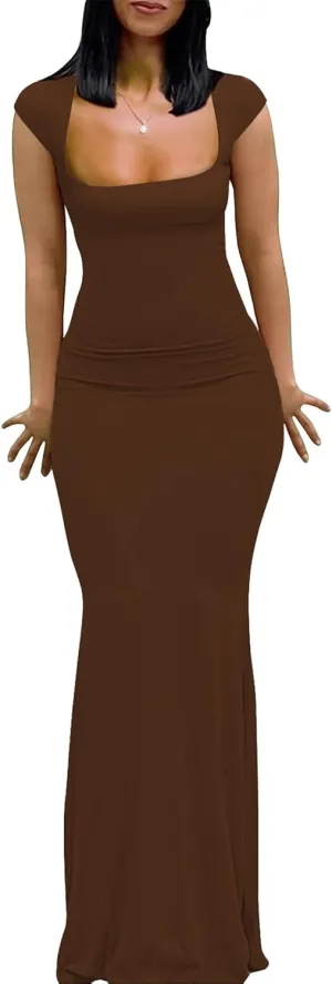 Womens Summer Cap Sleeve Square Neck Elegant Casual Lounge Bodycon Slim Maxi Evening Party Long Dress