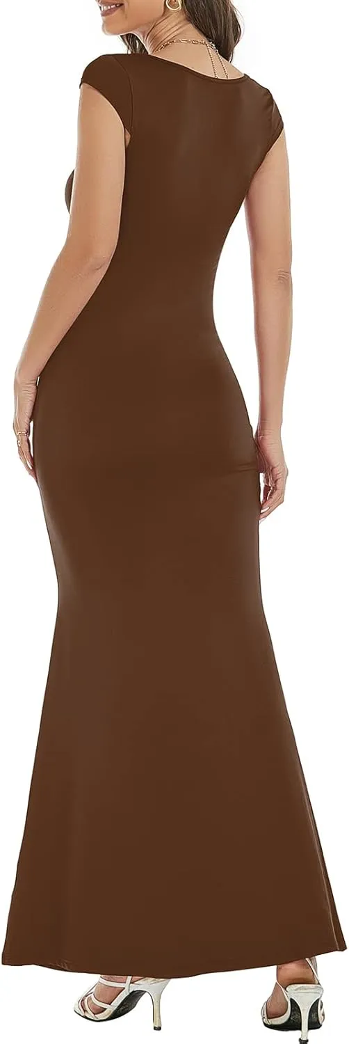 Womens Summer Cap Sleeve Square Neck Elegant Casual Lounge Bodycon Slim Maxi Evening Party Long Dress