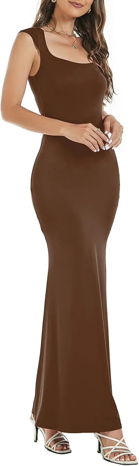 Womens Summer Cap Sleeve Square Neck Elegant Casual Lounge Bodycon Slim Maxi Evening Party Long Dress