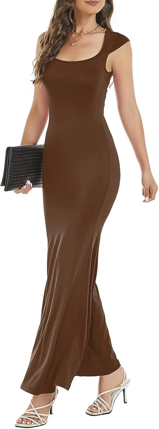 Womens Summer Cap Sleeve Square Neck Elegant Casual Lounge Bodycon Slim Maxi Evening Party Long Dress