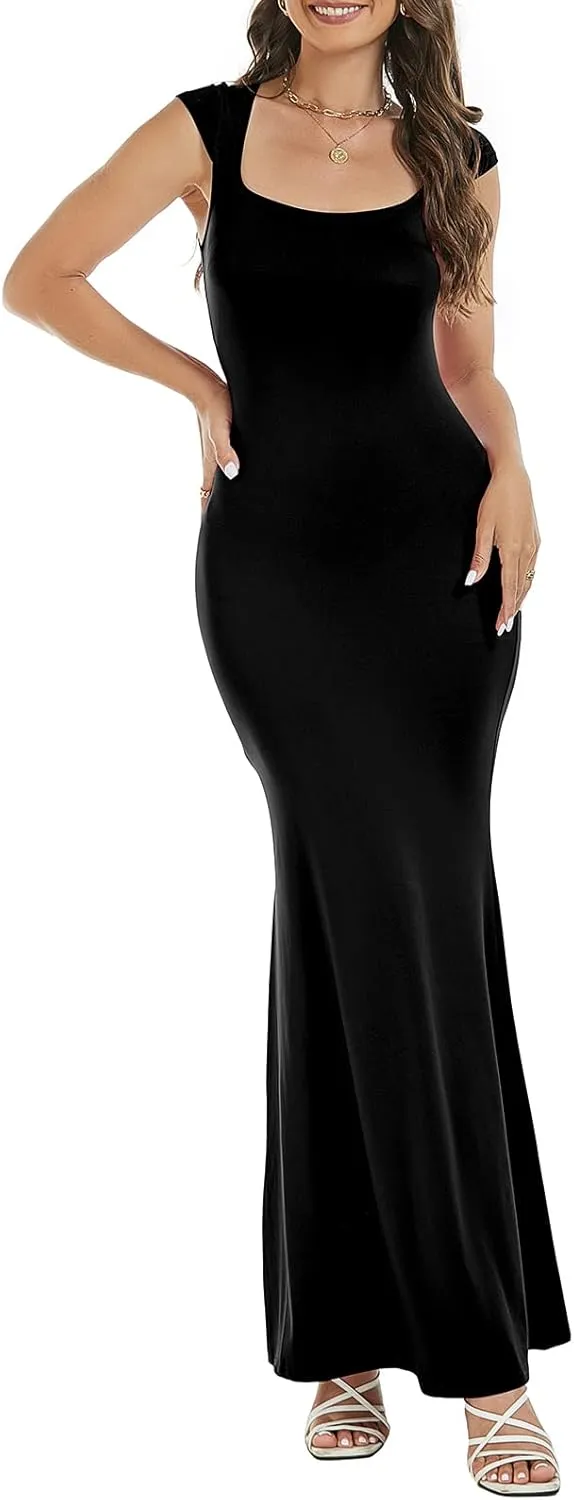 Womens Summer Cap Sleeve Square Neck Elegant Casual Lounge Bodycon Slim Maxi Evening Party Long Dress