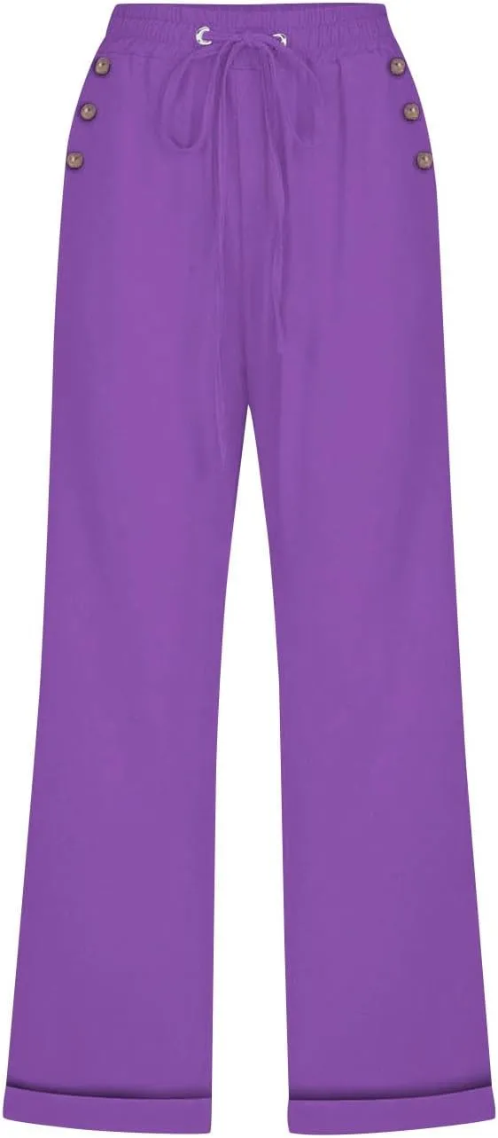 Womens Summer Casual Linen Capri Pants Solid Elastic Loose Cotton Pants Straight Wide Leg Trousers with Pockets
