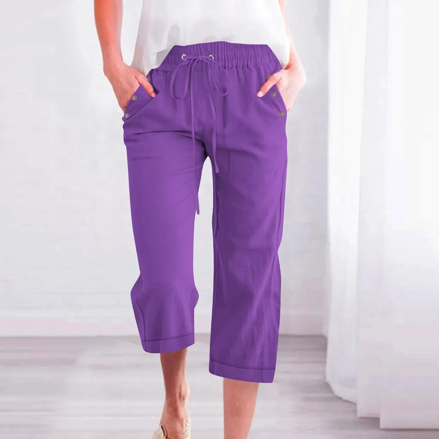 Womens Summer Casual Linen Capri Pants Solid Elastic Loose Cotton Pants Straight Wide Leg Trousers with Pockets
