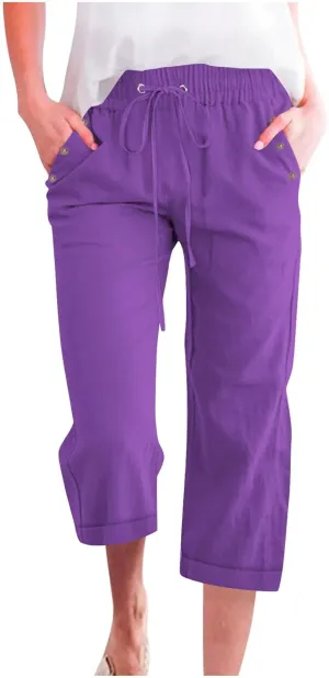Womens Summer Casual Linen Capri Pants Solid Elastic Loose Cotton Pants Straight Wide Leg Trousers with Pockets