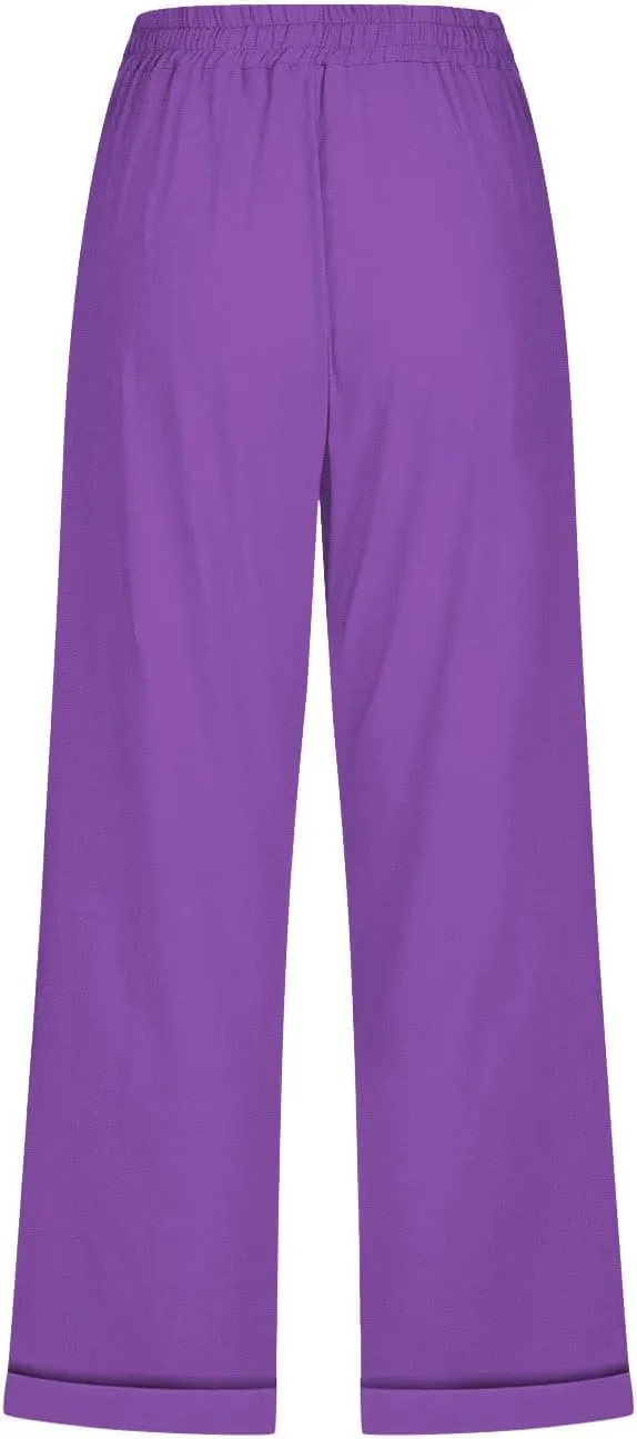 Womens Summer Casual Linen Capri Pants Solid Elastic Loose Cotton Pants Straight Wide Leg Trousers with Pockets