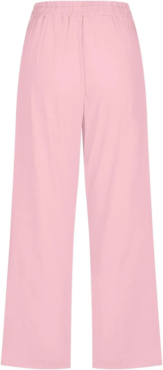 Women's Summer Cotton Linen Capri Pants Casual Solid Elastic Loose Pants Straight Leg Cropped Trousers with Pockets