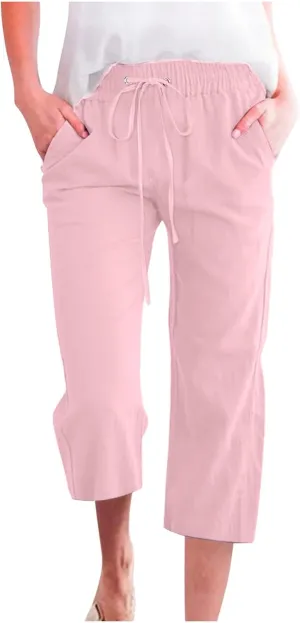 Women's Summer Cotton Linen Capri Pants Casual Solid Elastic Loose Pants Straight Leg Cropped Trousers with Pockets