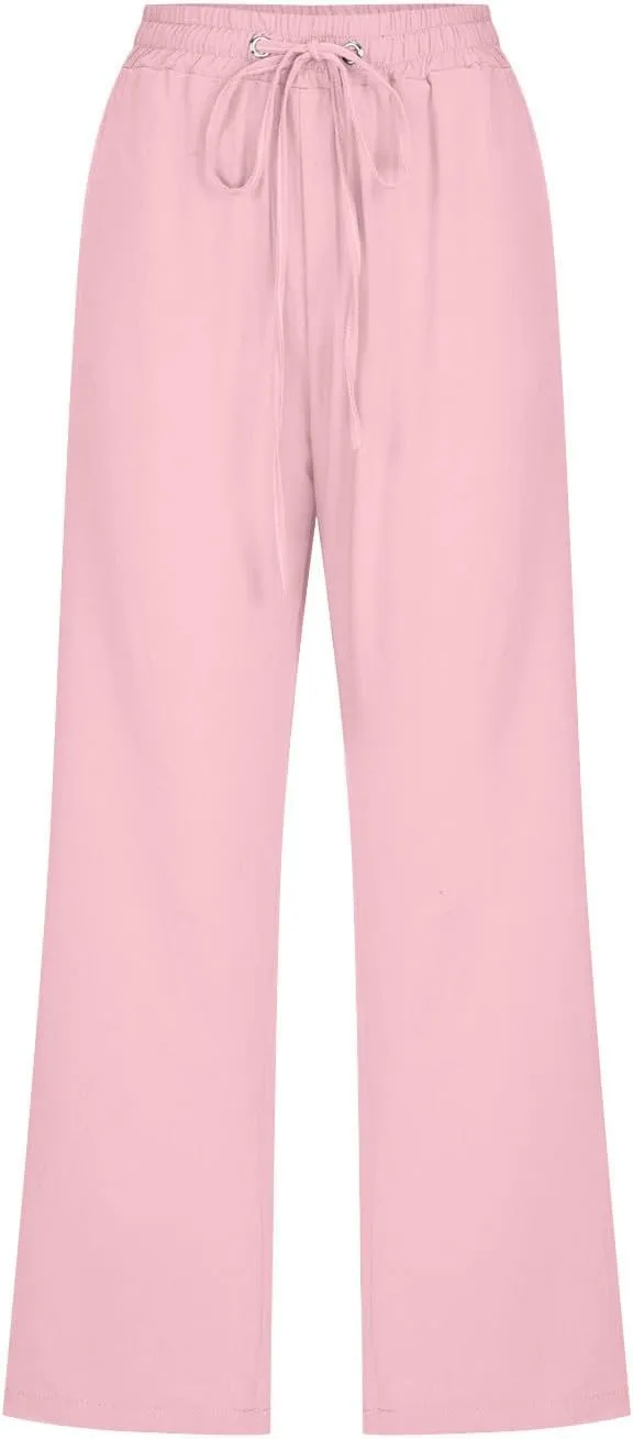 Women's Summer Cotton Linen Capri Pants Casual Solid Elastic Loose Pants Straight Leg Cropped Trousers with Pockets