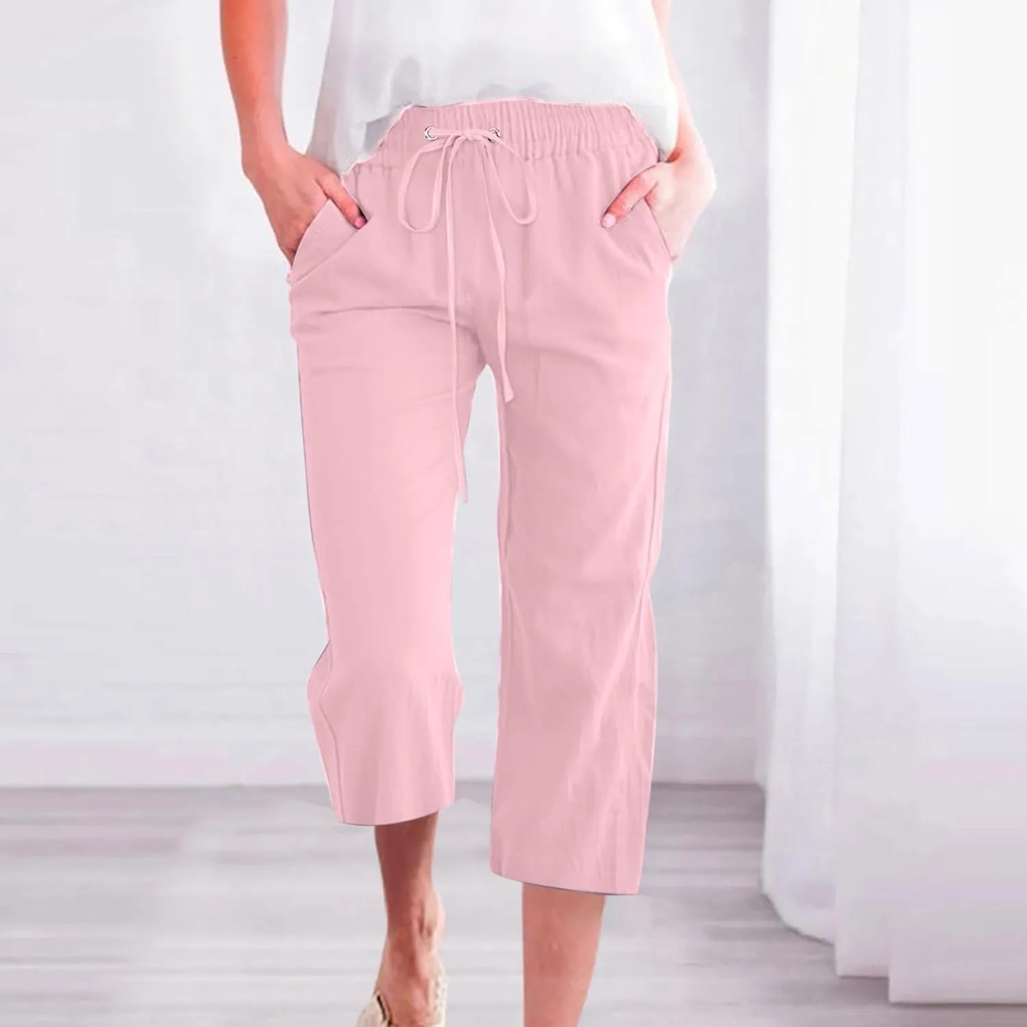 Women's Summer Cotton Linen Capri Pants Casual Solid Elastic Loose Pants Straight Leg Cropped Trousers with Pockets