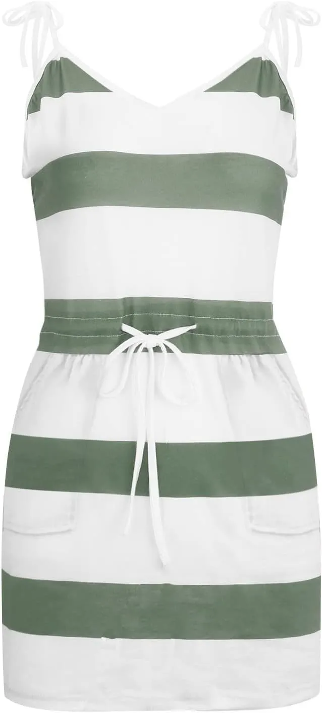 Women's Summer Dresses 2025 V Neck Striped Mini Dress Elastic Drawstring Jumpsuit Casual Sundress with Pockets