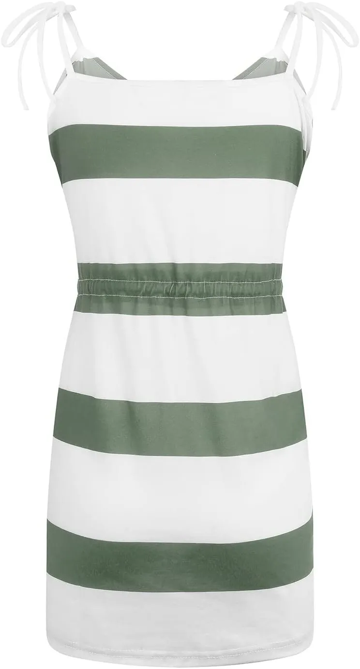 Women's Summer Dresses 2025 V Neck Striped Mini Dress Elastic Drawstring Jumpsuit Casual Sundress with Pockets
