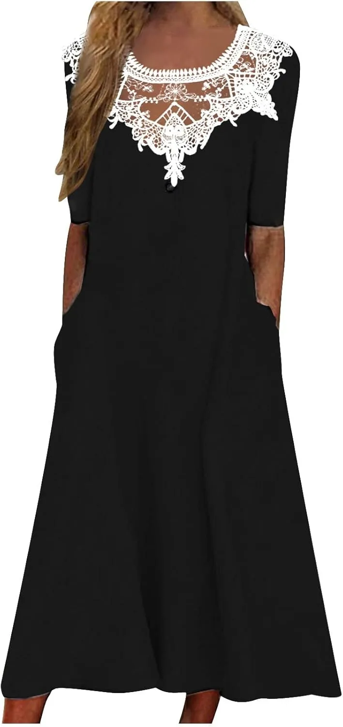 Womens Summer Dresses Beach Casual Loose Tshirt Dress Lace Neck Short Sleeve Flowy A Line Swing Sundress with Pockets