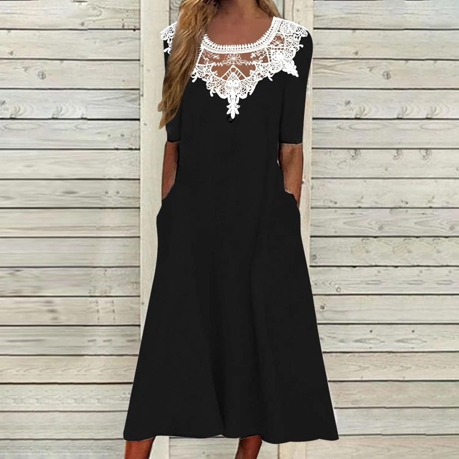 Womens Summer Dresses Beach Casual Loose Tshirt Dress Lace Neck Short Sleeve Flowy A Line Swing Sundress with Pockets