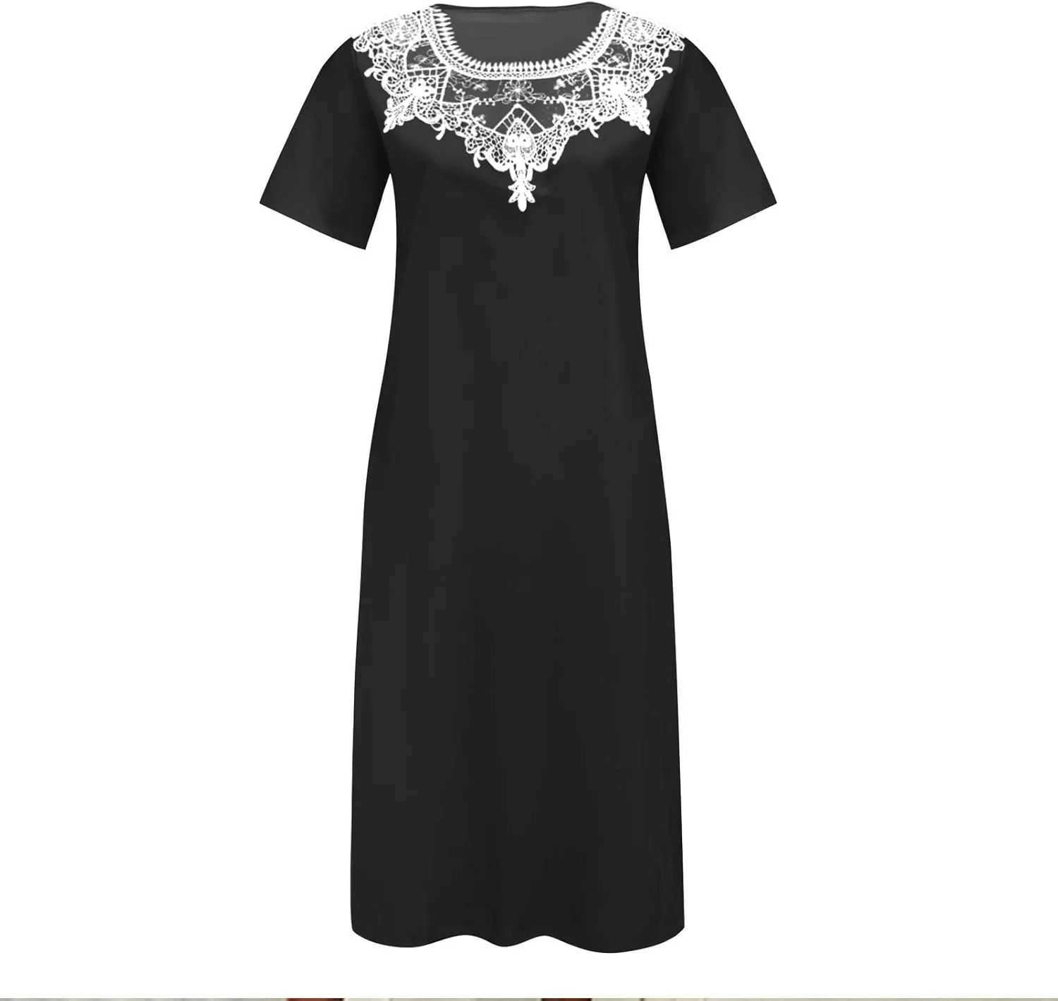 Womens Summer Dresses Beach Casual Loose Tshirt Dress Lace Neck Short Sleeve Flowy A Line Swing Sundress with Pockets