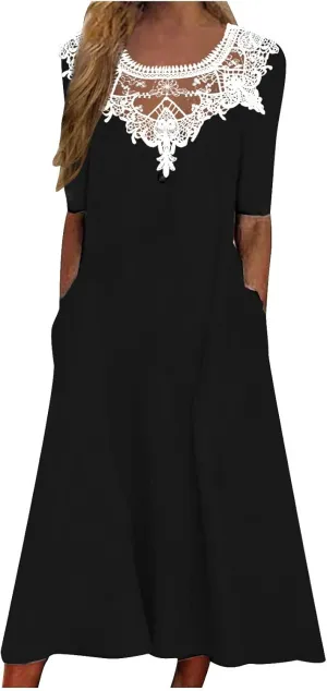 Womens Summer Dresses Beach Casual Loose Tshirt Dress Lace Neck Short Sleeve Flowy A Line Swing Sundress with Pockets