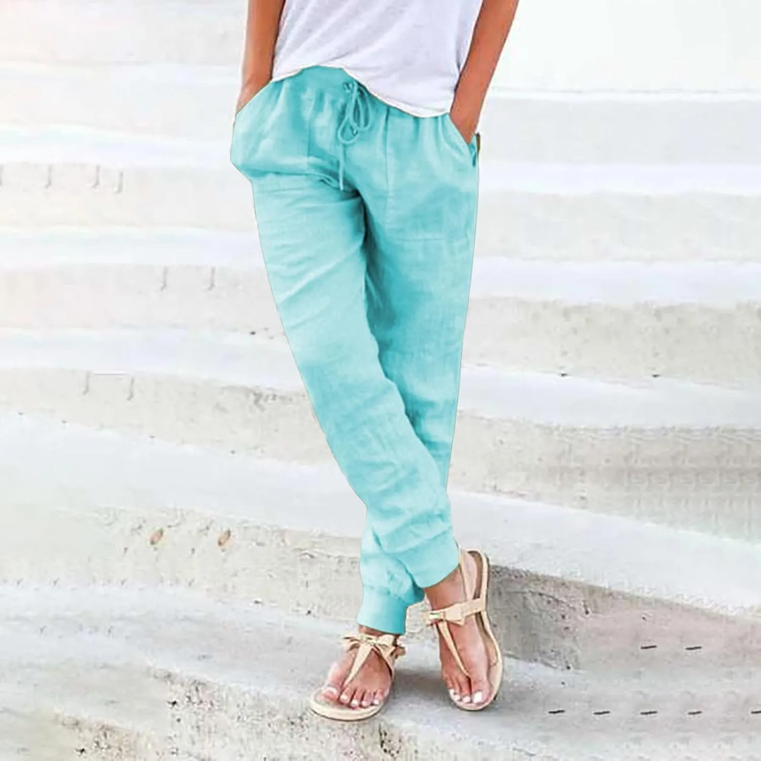 Womens Tapered Pants Casual Cotton Linen Pants Elastic Waist Linen Joggers Drawstring Pants with Pockets Trousers